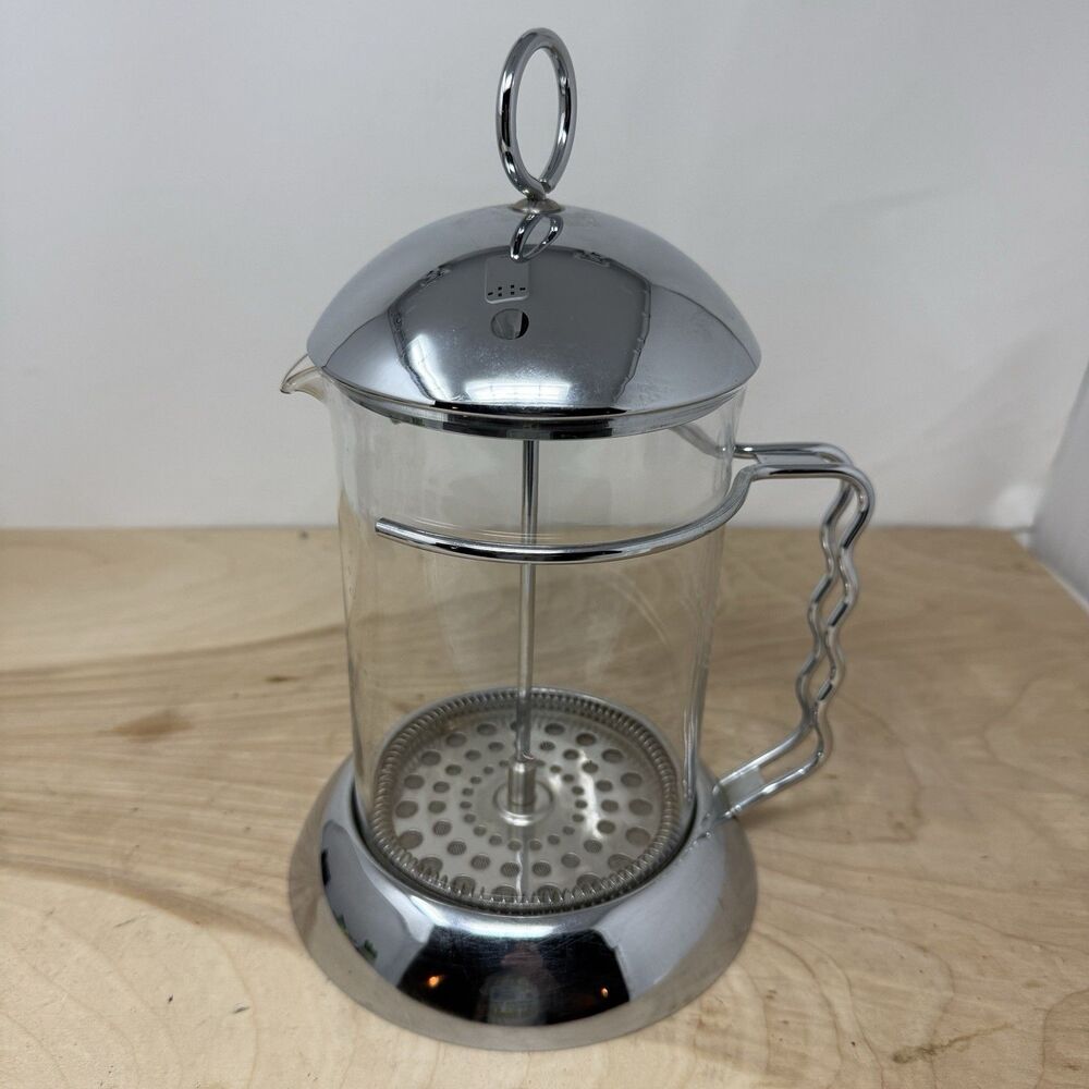 Vtg Bodum Coffee Glass French Press MCM Retro Atomic Chrome Metal Style 12x6.5”